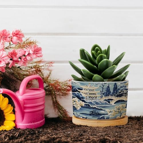 Blue and White Chinoiserie Asian Planter Ceramic Rain Chinoiserie Round Plant Pot with Drainage Holes and Bamboo Tray Pot for Succulents Cactus Garden Windowsill - Image 5