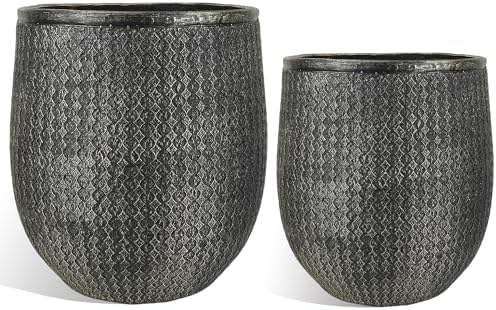 Worth 12" and 14.5" Round Planters, Lightweight Magnesium Oxide Cement Plant Pot, Raised Pattern Concrete Look with Drainage Hole, Black by WORTH