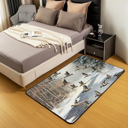Erosebridal Mallard Duck Woodland Area Rug 4'11" x 3'3" Snow River Winter Living Room Rugs Hunting Wildlife Decorative Carpet Wild Ducks Plants White Indoor Floor Mat - Image 3