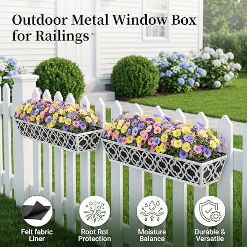 HFHOME 2 Pack 30 Inch Railing Planter Boxes with Adjustable Brackets & Non-Woven Fabric Liner Adjustable Gray Metal Window Box Planter for Balcony Deck Fence, Hanging Flower Basket for Outdoor Garden - Image 3