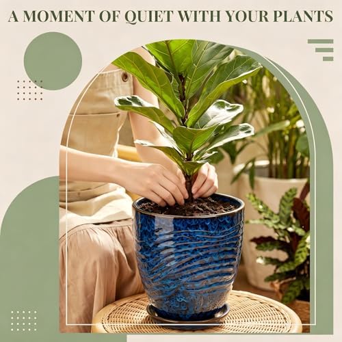 9.5 Inch Modern Ceramic Plant Pot with Saucer, Flower Pot with Drainage Hole Mesh Net,Indoor Outdoor Planter (Speckle Blue) - Image 5