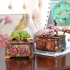 5.5 Inch Succulent Pot Handmade Flower Design Rectangular Ceramic Plant Pot Antique Cactus Pot Planter with Drainge Set of 2 (Yellow Pink Rose and Small Rose) - Image 6