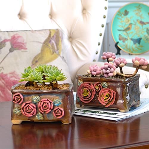 5.5 Inch Succulent Pot Handmade Flower Design Rectangular Ceramic Plant Pot Antique Cactus Pot Planter with Drainge Set of 2 (Yellow Pink Rose and Small Rose) - Image 6