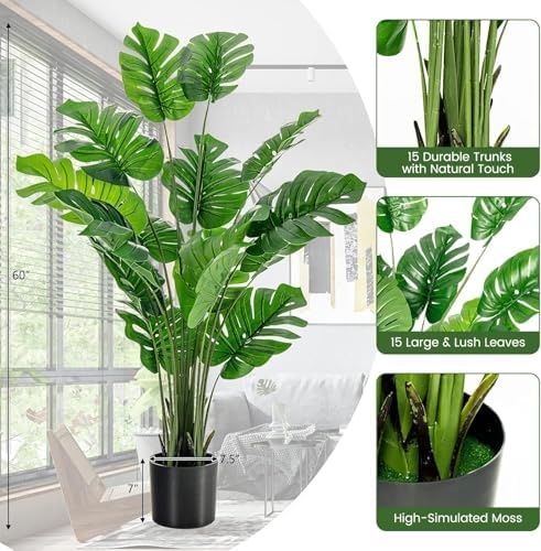 HAPPYGRILL Artificial Monstera Deliciosa Plant, 5FT Faux Plant with Cement Pot, 15 Large Leaves, Decorative Fake Greenery Plants, Indoor & Outdoor Decor for Home Office (1) - Image 4