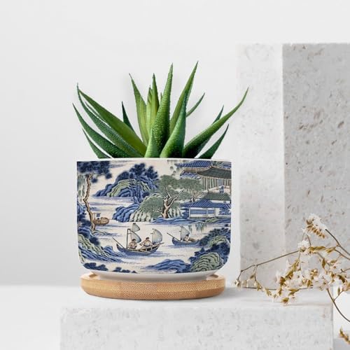 Asian Ceramic Planter Blue and Green Chinoiserie Planters for Indoor Plants with Drainage Holes and Saucers Pot for Outdoor Garden Home Plant - Image 7
