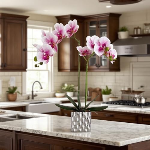 Artificial Orchid with Silver Vase, 20 Inch Purple Heart White Flowers, Indoor Home Decor - Image 5