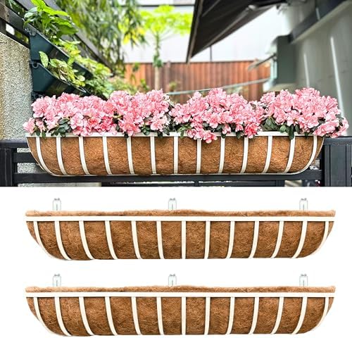 LaLaGreen Deck Railing Planter Boxes (2 Pack, 48 Inch) White Metal Rectangular Window Flower Box with Coco Liner, Wall Hanging Planters for Outdoor Plants Rail Fence Balcony Patio Porch Garden Decor by L%C3%A1L%C3%A1Green