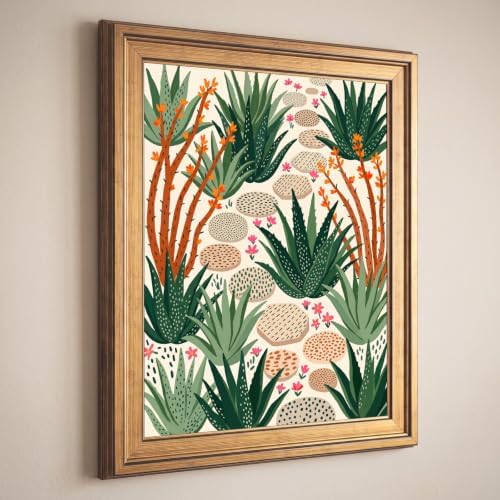 Framed Canvas Wall Art Bohemian Gouache Desert Garden Pathway Terracotta Green Canvas Print Poster Gold Frame Wall Decor for Living Room Desert Botanical Art, Boho Home Decor - Inch 16x20 - Image 5