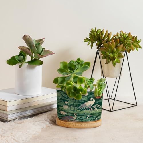 Garden Green Planter Ceramic Pink Peony Pond Geese Round Flower Pot with Drainage Holes and Bamboo Tray Pot for Pots Outdoor Indoor Plants - Image 4