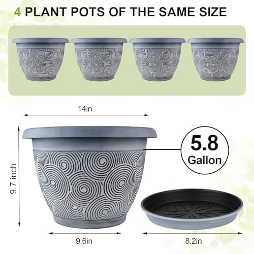 Fodetyff 14 Inch Large Planter Pot for Plants Indoor Outdoor, 4 Pack Plastic Flower Pots with Drainage Hole & Tray, Modern Decorative Garden Pot with Saucer, Plant Container for House - Image 4