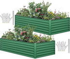 YITAHOME 2pcs 8x4x1.5 in Galvanized Raised Garden Bed Kit, Large Metal Planter Box with Gloves, Safety Rubber & Support Rod, Outdoor Flower Bed for Plants Vegetables, Green by YITAHOME