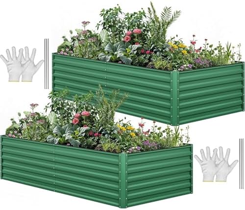 YITAHOME 2pcs 8x4x1.5 in Galvanized Raised Garden Bed Kit, Large Metal Planter Box with Gloves, Safety Rubber & Support Rod, Outdoor Flower Bed for Plants Vegetables, Green by YITAHOME