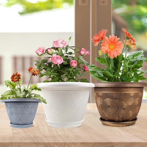Fodetyff 14 Inch Large Planter Pot for Plants Indoor Outdoor, 4 Pack Plastic Flower Pots with Drainage Hole & Tray, Modern Decorative Garden Pot with Saucer, Plant Container for House - Image 2