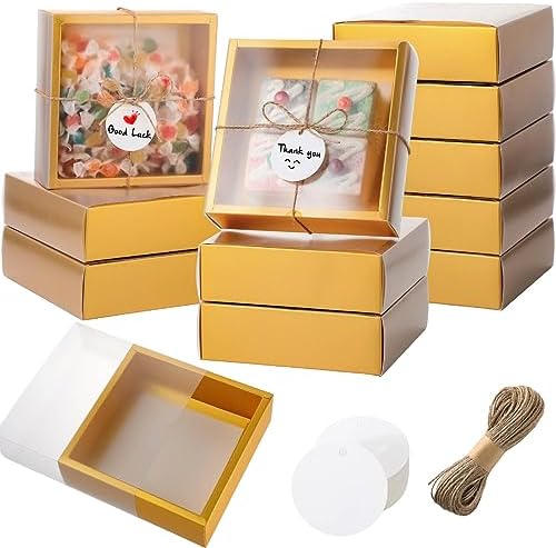Roowest 50 Sets Gift Boxes Kraft with Tags, 6.5 x 6.5 x 2 Inch, Gold by Roowest