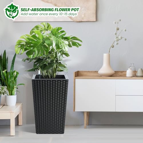 GarveeLife 16 Inch Tall Rattan Planter Set of 2, Large Self-Watering Pot with Water Level Monitor Outdoor and Indoor for Patio, Porch, Living Room, or Home Office, Black - Image 2