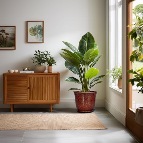 10 Inch Plant Pot - Ceramic Pots for Plants with Drainage Hole and Saucer, Round Flower Pot for Indoor Outdoor, Modern Ceramic Planter, Garden Room Home Decor, House Warming Gifts, Red - Image 3