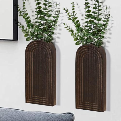 Dnnnii 2 Pack Wooden Wall Vase Set - Dark Brown Finish Modern Farmhouse & Boho Wall Decor for Entryway, Hallway, Bathroom, Living Room, Dining Room, Narrow Spaces by Dnnnii