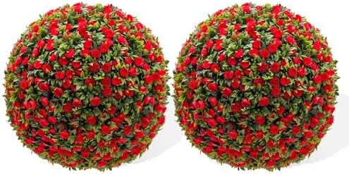 17.7 Inch Artificial Hanging Topiary Balls Set of 2, Faux Flower Balls for Garden Patio Wedding Valentine's Day Decor, Outdoor Indoor Hanging Decorations for Porch Front Door Party,Red by Unknown