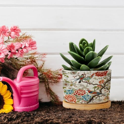 Chinoiserie Tree Peony Bird Floral Planter Ceramic Coral Turquoise Botanical Round Flower Pots with Drainage Holes and Bamboo Tray Pot for Pots Outdoor Indoor Plants - Image 5