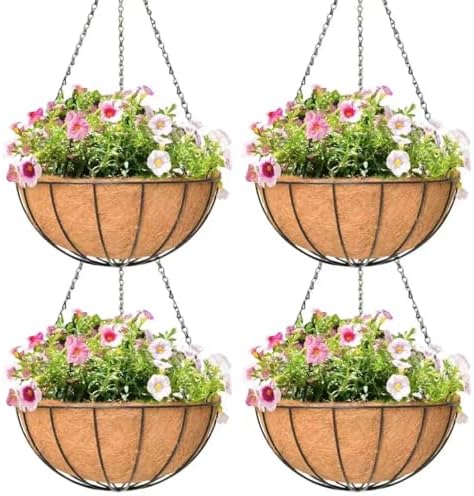 4 Pack 14 Inch Hanging Baskets for Plants Outdoor Metal Hanging Planter Hanging Flower Baskets with Coco Fiber Liners Chain Round Wire Plant Holder Hanging Flower Pots(Watermelon) by Qusuxi