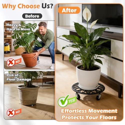 2 Pack Rolling Plant Caddy with Wheels Heavy Duty, 14 Inch Cast Iron Plant Rollers with Wheels, Roller Planter Stand on Metal Wheel Round Planter Caddies Roller Plants Stand Indoor Potted Plants Mover - Image 3