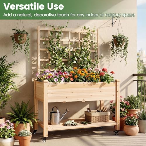 Giantex 65'' Wooden Raised Garden Bed w/Trellis on Wheels Set 2, Mobile Elevated Planter Box w/Legs, Liner & Drainage Holes for Climbing Plant Vegetable Herb Flower, Outdoor Garden Box, Backyard - Image 5