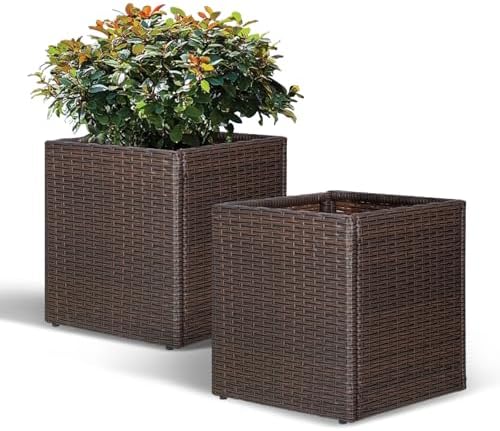 SUNNYPARK Set of 2 Large Square Planter with Removable Liner, All-Weather PE Rattan Modern Planters Indoor Outdoor Flower Plant Pots Garden Box Patio Yard Front Porch Deck by SUNNYPARK