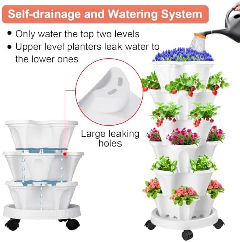 GameXcel Vertical Planter Tower - 6 Tier Stackable Garden Planters with Wheels and Garden Tool Set Plant Pots for Strawberry Herb Flower and Vegetable Indoor Outdoor Use White - Image 3
