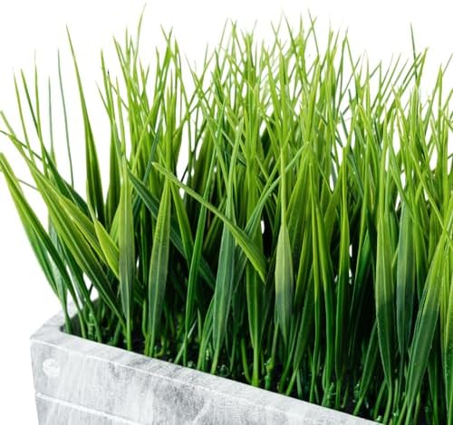 MyGift 14 Inch Artificial Green Grass Plant in Gray Marble Pattern Resin Ribbed Rectangle Planter, Faux Greenery Rectangular Cement Pot Centerpiece Home Décor - Image 6