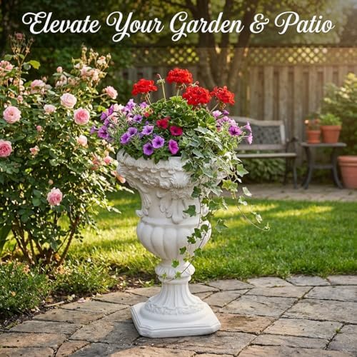 22" Planters for Outdoor Plants- Vintage Roman Relief Magnesium Oxide Outdoor Flower Pots, Decorative Large Urn Planter, Lightweight Garden Vase for Patio, Yard, Porch, Home Decor - Image 6