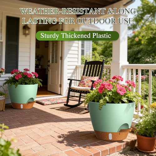 Self Watering Pots with Drainage Holes, 3 Pack 12/10/8 Inch Plant Pots with Water Level Indicator Deep Reservoir, Large Plastic Planter for Indoor Outdoor Plants - Green Brown - Image 5