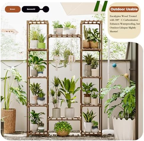 Bamworld Plant Stand Indoor Outdoor 12 Tier Tall Large Wood Plant Shelf - Image 3