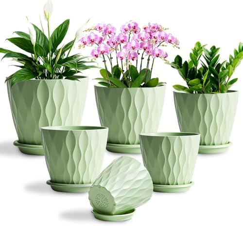 Plant Pots, Self Watering Planters with Drainage Holes and Trays, Flower Pots for Indoor Outdoor - 6 Pack(4/5/6/6.5/7/8 Inch) (Light Green) by KEETUMOOD