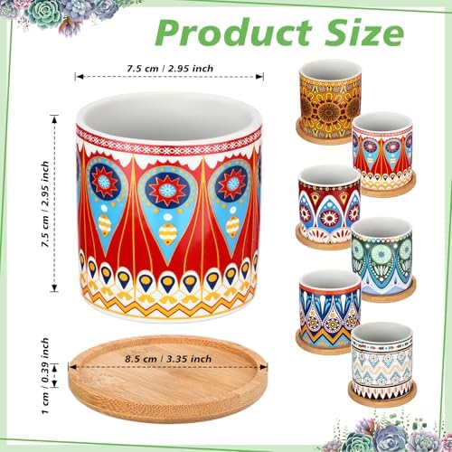 Zopeal 6 Pcs 3 Inch Succulent Pots Succulent Planters Cylinder Ceramic Pots Mandala Multicolor Cactus Pot with Drainage Holes and Bamboo Trays for Indoor Plants Flowers Garden Decoration (Core) - Image 2