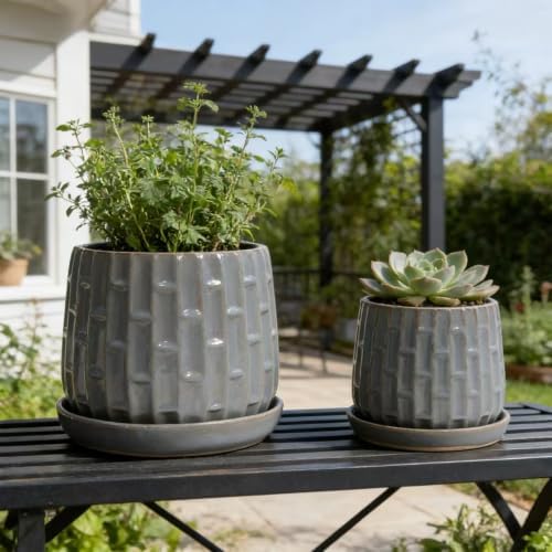 Decorative Ceramic Planter Set of 2, 6" & 8" Diameter, Modern Flower Pots for Indoor Plants, w/Drainage and Saucer, Ceramic Pots for Garden & Home Decor, Gray - Image 2
