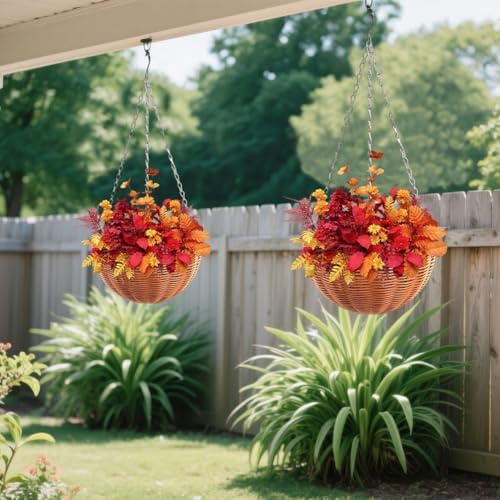 Plastic Woven Round Hanging Planter Basket Set,2 Pack 22 x 10 in Indoor Outdoor Half Round Plant Flower Pots with Metal Chain and Hook,Realistic Rattan Woven Hanging Basket for Plants - Image 3