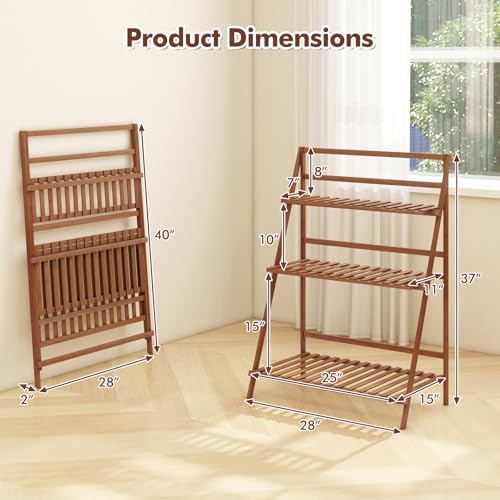 COSTWAY Bamboo Plant Stand, Foldable Multifunctional Flower Display Ladder Shelf, 3-Tier Storage Rack - Image 7