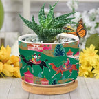 Bright Emerald Green Planter Ceramic Chinoiserie Decor Round Plant Pot with Drainage Holes and Bamboo Tray Pot for Home Desktop Office Windowsill - Image 6