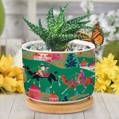 Bright Emerald Green Planter Ceramic Chinoiserie Decor Round Plant Pot with Drainage Holes and Bamboo Tray Pot for Home Desktop Office Windowsill - Image 6