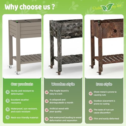 Elevated Raised Garden Bed,Outdoor Large Planter Box with Wheels & Shelf for Backyard Balcony,Dust-Proof Resin Patio Raised Bed for Herbs Flowers Vegetables(Grey) - Image 5