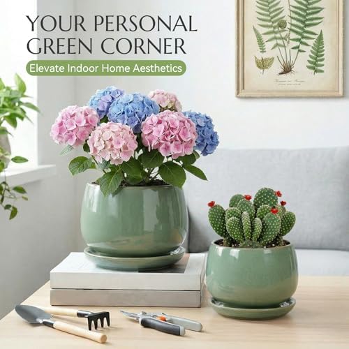 10.3 Inch Flower pots for Indoor Outdoor Plants with Saucer Drainage Leak-Proof Mesh, Ceramic Planter with Gardening Gloves for Succulent and Flower (Crackled Green) - Image 2