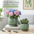 10.3 Inch Flower pots for Indoor Outdoor Plants with Saucer Drainage Leak-Proof Mesh, Ceramic Planter with Gardening Gloves for Succulent and Flower (Crackled Green) - Image 2