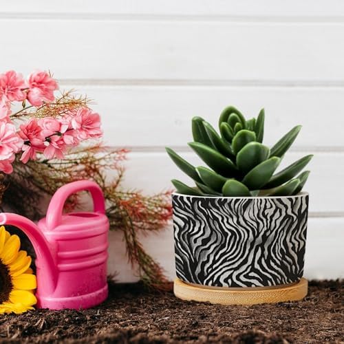 in Beige Planter Ceramic Black White Zebra Print Round Plant Pot with Drainage Holes and Bamboo Tray Pot for Indoor Outdoor Garden - Image 5
