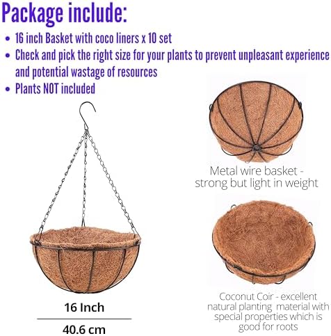 LaLaGreen Hanging Baskets for Plants (16 in, 10 Pack) Black Coco Liner Pots - Image 2