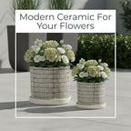 Set of 2 Geometric Decorative Ceramic Planter Pots with Saucer – Stoneware Outdoor & Indoor Plant Pots with Drainage – Modern Garden & Home Decor Ceramic Planters – 6" & 8", Ivory - Image 3