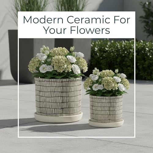 Set of 2 Geometric Decorative Ceramic Planter Pots with Saucer – Stoneware Outdoor & Indoor Plant Pots with Drainage – Modern Garden & Home Decor Ceramic Planters – 6" & 8", Ivory - Image 3