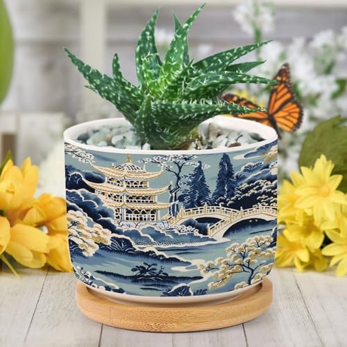 Blue and White Chinoiserie Asian Ceramic Planter Rain Chinoiserie Snake Plant Live Indoor with Pot with Drainage Holes and Saucers Pot for Home Desktop Office Windowsill - Image 6