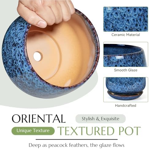 7.5 Inch Flower pots for Indoor Outdoor Plants with Saucer Drainage Leak-Proof Mesh, Ceramic Planter with Gardening Gloves for Succulent and Flower(Peacock Blue) - Image 3