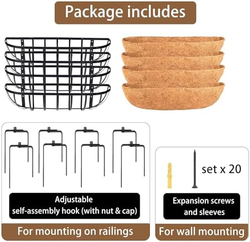 16 Inch Window Baskets with Coconut Liner Outdoor Wall Planter for Plants Long Window Flower Box for Porch Fence Patio Outdoor（4 Pack） - Image 4