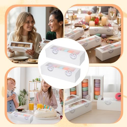 100 Pack White Macaron Boxes with Clear Window, Pastry Boxes with 100 Pcs Stickers, Packaging for 6-10 Macarons, Cookies, Truffles, Wedding DIY Gift Giving, 8x3x2 Inches - Image 7